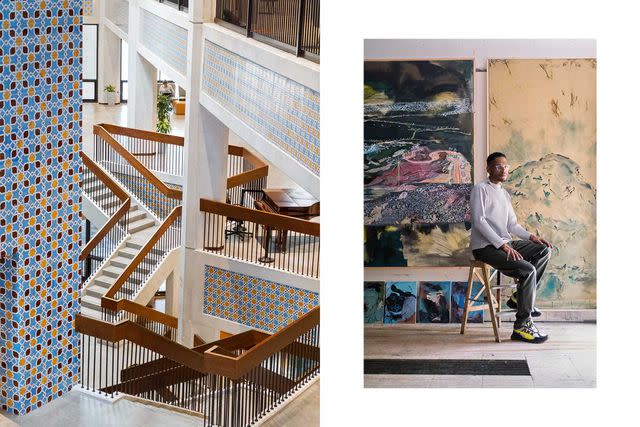 <p>Natalie Naccache</p> From left: A stairwell at the Cultural Foundation combines traditional tilework with 1970s Modernism; Hashel Al Lamki in his downtown Abu Dhabi studio.