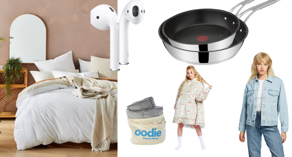 A mash up image of a bedroom, frying pan, Oodie blanket jumper and girl wearing a denim jacket.