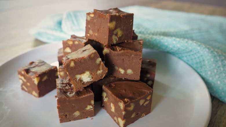 Homemade Fudge stacked on plate