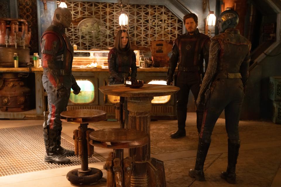 (L-R): Dave Bautista as Drax, Pom Klementieff as Mantis, Chris Pratt as Peter Quill/Star-Lord, and Karen Gillan as Nebula in "Guardians of the Galaxy Vol. 3."