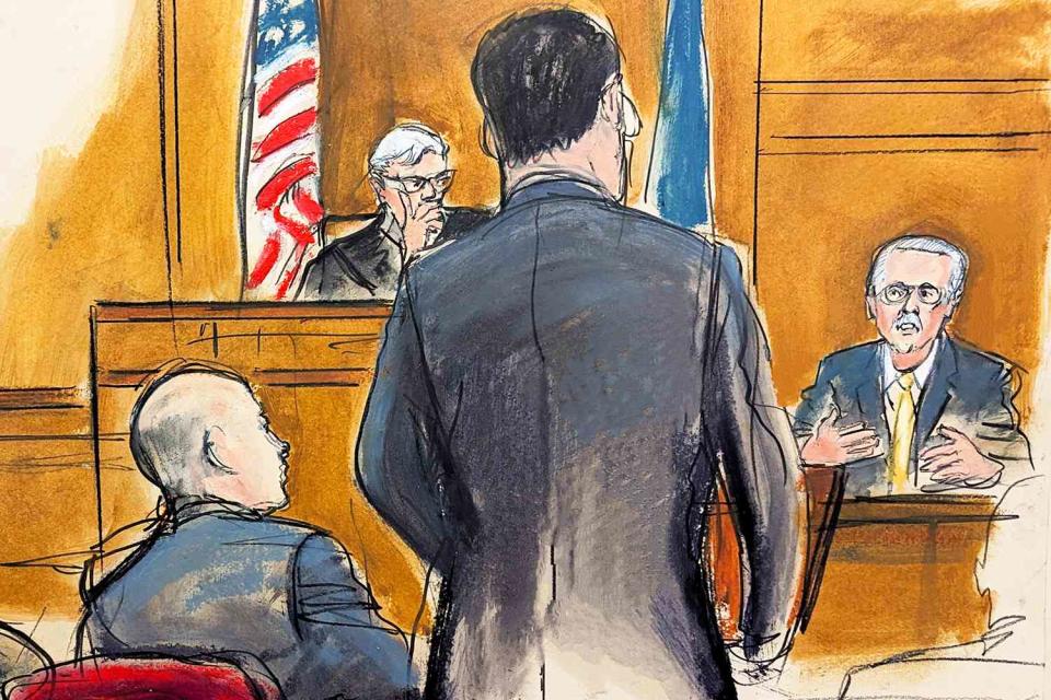 <p>Elizabeth Williams/AP</p> A courtroom sketch of David Pecker on the witness stand on April 22, 2024