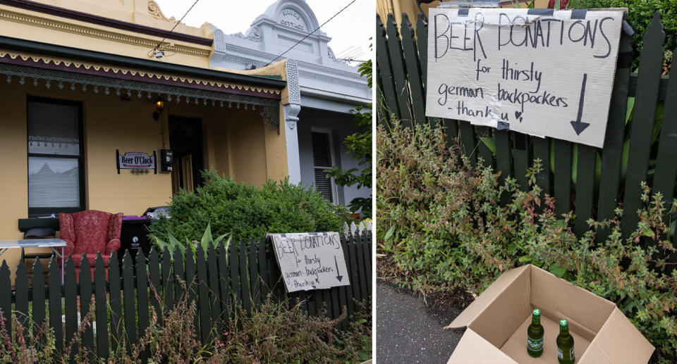 The cheeky sign can be seen taped against the property fence (left), with a closer image showing two beers inside the cardboard box on the ground (right). 