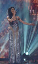 <b>Nicole Scherzinger, The X Factor Final, Sat 8th Dec <br></b><br>Nicole later looked draw dropping on stage singing with contestant Jahmene in a silver halter neck gown with nude mesh detail. <br><br>© Rex<br>