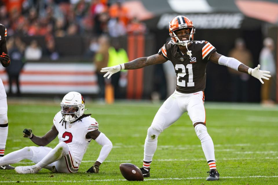 Browns cornerback Denzel Ward celebrates breaking up a third-quarter pass intended for Arizona Cardinals wide receiver Marquise Brown at Cleveland Browns Stadium, Nov. 5, 2023.