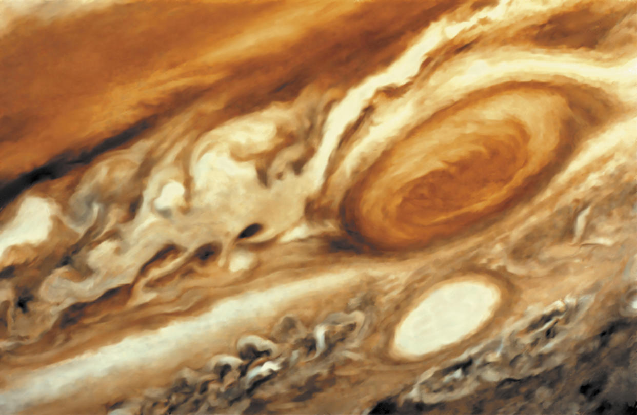 Jupiter, It is thought that the Great Red Spot on Jupiter is a huge storm, twice the size of Earth, with winds of 360 km/h. (Photo by: QAI Publishing/Universal Images Group via Getty Images)