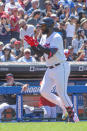 Cleveland Guardians' Franmil Reyes celebrates after hitting a solo home run off New York Yankees starting pitcher Jordan Montgomery during the fourth inning of a baseball game in Cleveland, Sunday, July 3, 2022. (AP Photo/Phil Long)