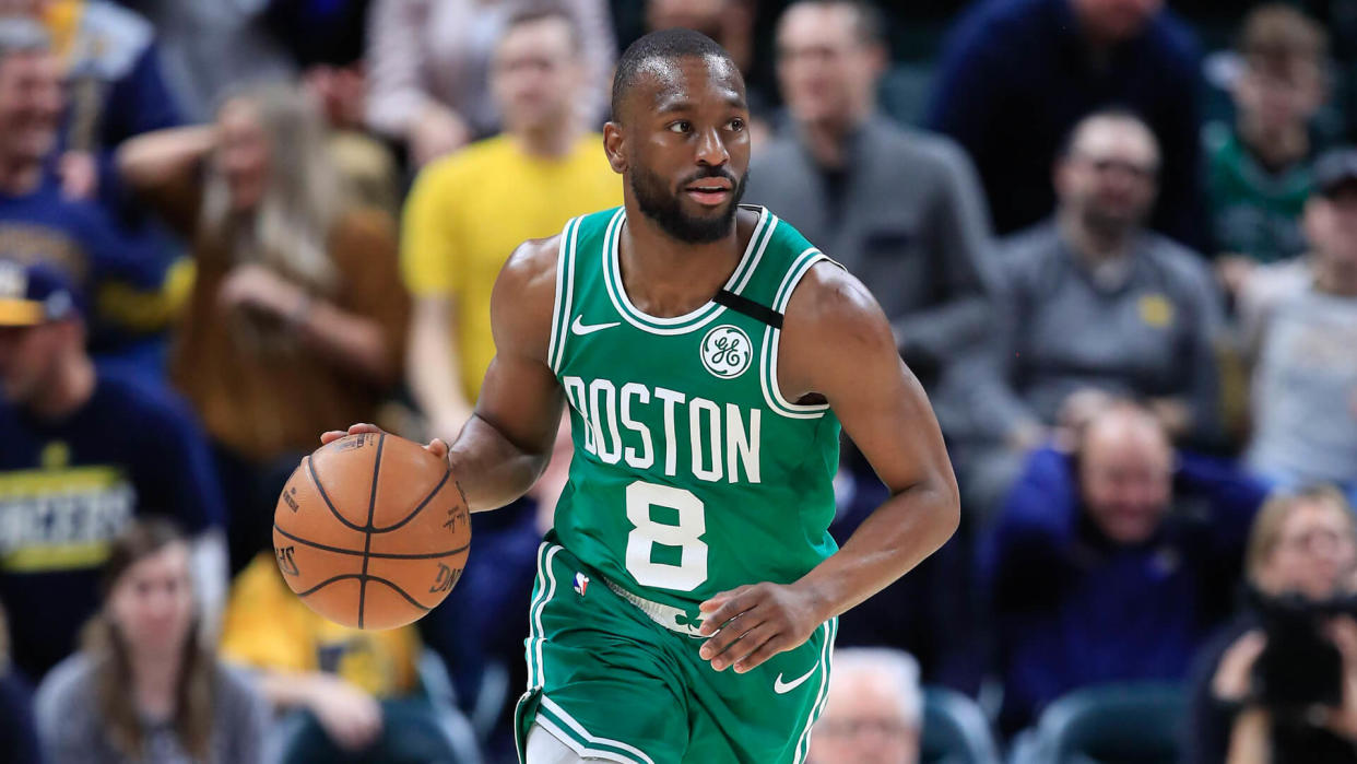 INDIANAPOLIS, INDIANA - MARCH 10: Kemba Walker #8 of the Boston Celtics dribbles the ball against the Indiana Pacers at Bankers Life Fieldhouse on March 10, 2020 in Indianapolis, Indiana.