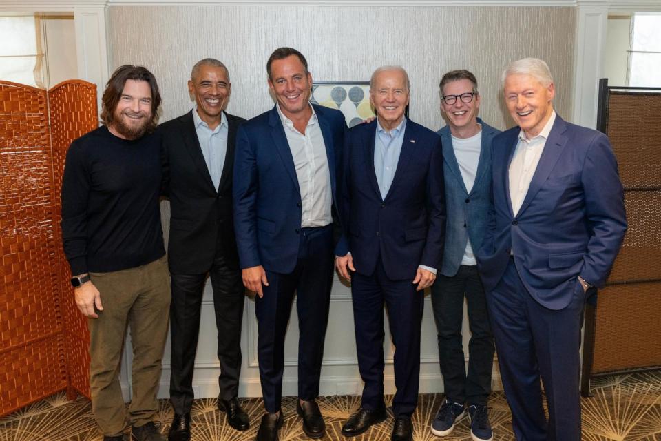 PHOTO: President Joe Biden is joined by former President Bill Clinton and former President Barack Obama, and actors Jason Bateman, Will Arnett, and Sean Hayes at a fundraiser in New York, on March 28, 2024. (Biden for President)