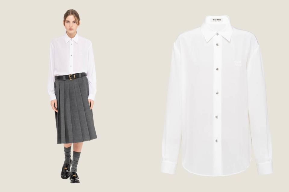 Miu Miu這款廣東縐紗恤衫以寬鬆剪裁締造休閒造型圖片來源：Miu Miu