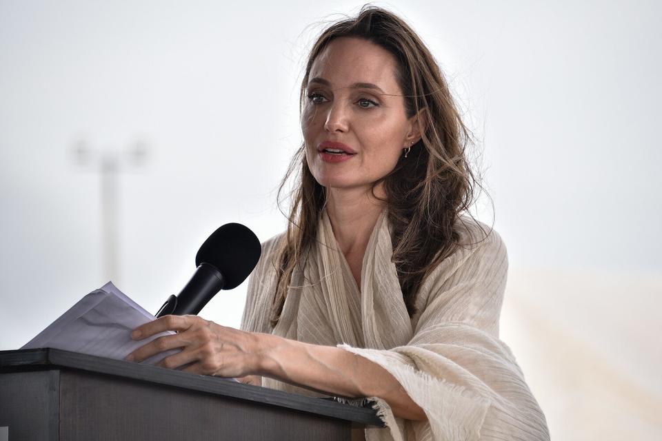 United Nations High Commissioner for Refugees (UNCHR) Special Envoy Angelina Jolie delivers a speech during a press conference after visiting a refugee camp in the border between Colombia and Venezuela on June 8, 2019 in Maicao, Colombia.