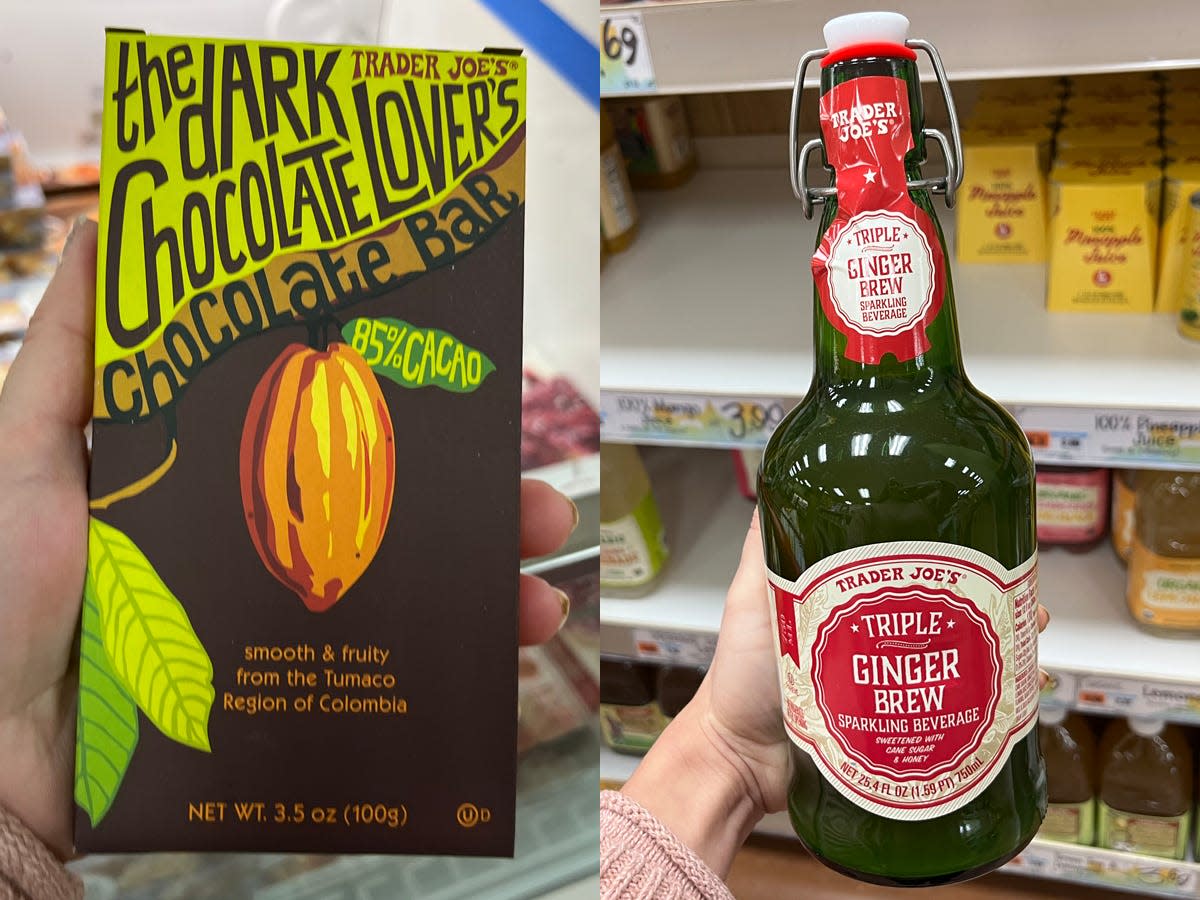 The writer holds the dark-chocolate lover's chocolate bar at Trader Joe's; The writer holds triple ginger brew at Trader Joe's