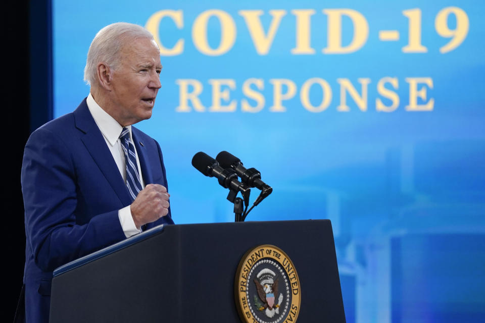 President Joe Biden speaks during an event on COVID-19 vaccinations and response, in the South Court Auditorium on the White House campus, Monday, March 29, 2021, in Washington. (AP Photo/Evan Vucci)