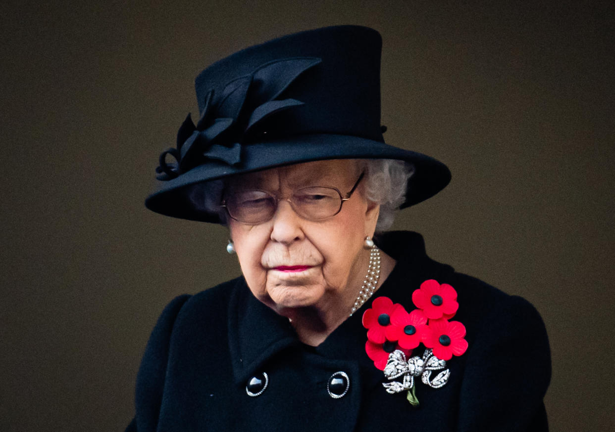 LONDON, ENGLAND - NOVEMBER 08: Queen Elizabeth II attends the National Service of Remembrance at The Cenotaph on November 08, 2020 in London, England. (Photo by Pool/Samir Hussein/WireImage)