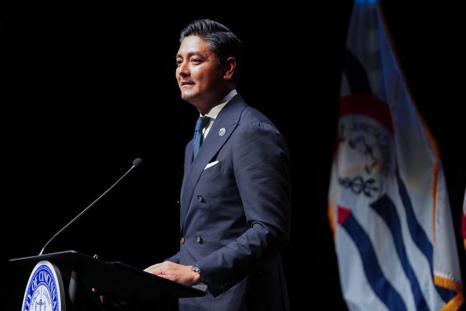 Cincinnati Mayor Aftab Pureval delivers the annual State of the City address, Monday, Nov. 13, 2023, from the Aronoff Center in Downtown Cincinnati.