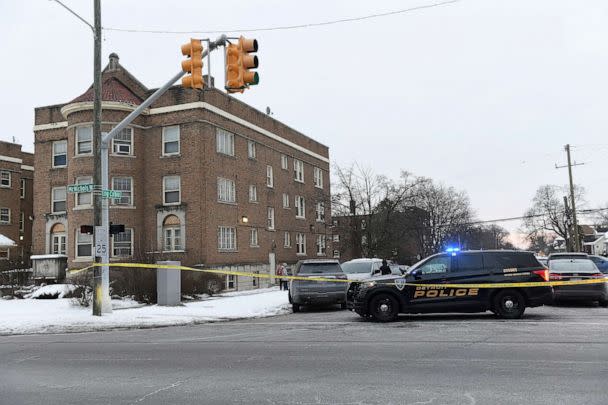 PHOTO: Detroit Police, Michigan State Police and ATF agents work the scene at West McNichols and Log Cabin in Detroit on the border of Highland Park, Mich., Feb. 2, 2023. (Detroit News via AP)