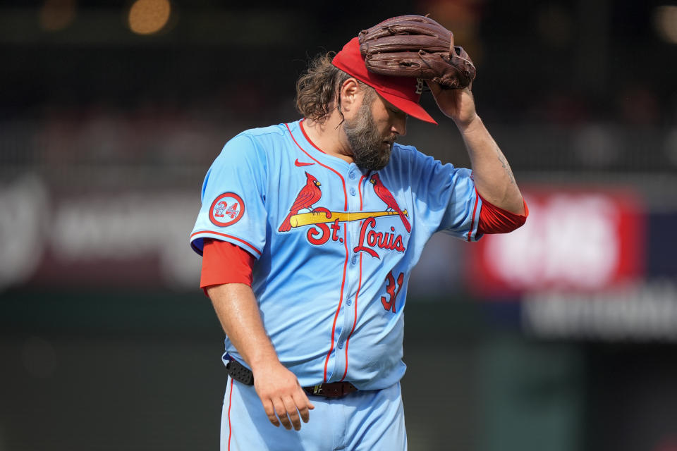 St. Louis Cardinals pitcher Lance Lynn (31) walks off the mound after the second inning of a baseball game against the Washington Nationals at Nationals Park, Saturday, July 6, 2024, in Washington. (AP Photo/Mark Schiefelbein)