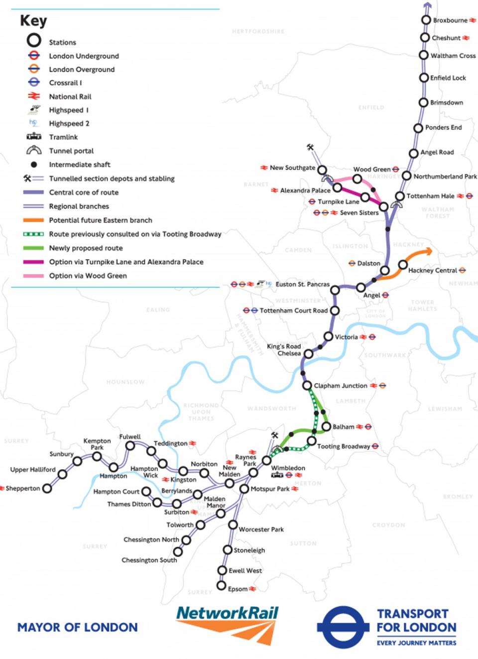 Map from 2015 showing the proposed Crossrail 2 route (TfL)