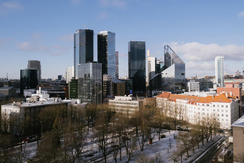 High-rise buildings in the heart of Tallinn, Estonia, on Thursday morning.  (Alessandro Rampazzo for NBC News)