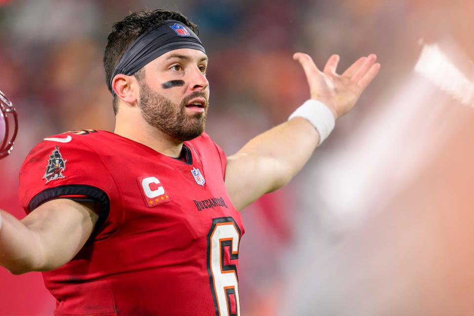 Tampa Bay Buccaneers quarterback Baker Mayfield (6) reacts to an officials call on the sidelines during an NFL wild-card playoff football game, Monday, Jan. 15, 2024 in Tampa, Fla.