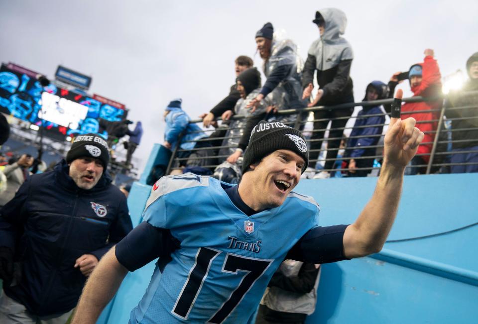 Tennessee Titans quarterback Ryan Tannehill (17) leaves the field after beating the Dolphins at Nissan Stadium Sunday, Jan. 2, 2022 in Nashville, Tenn. 