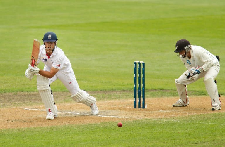 England captain Alastair Cook bats against New Zealand in Dunedin on March 9, 2013. A double century stand by Cook and Nick Compton pulled England off the ropes and into a relatively safe position in the first Test