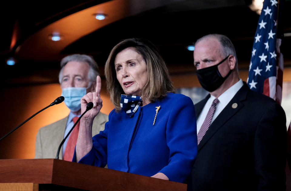 WASHINGTON, DC - JULY 24: U.S. Speaker of the House Rep. Nancy Pelosi (D-CA) speaks during a news conference on July 24, 2020 in Washington, DC. House Democrats urge House Republicans to extend unemployment benefits that was passed as part of the CARES Act which is due to expire on July 31, 2020. (Photo by Michael A. McCoy/Getty Images)