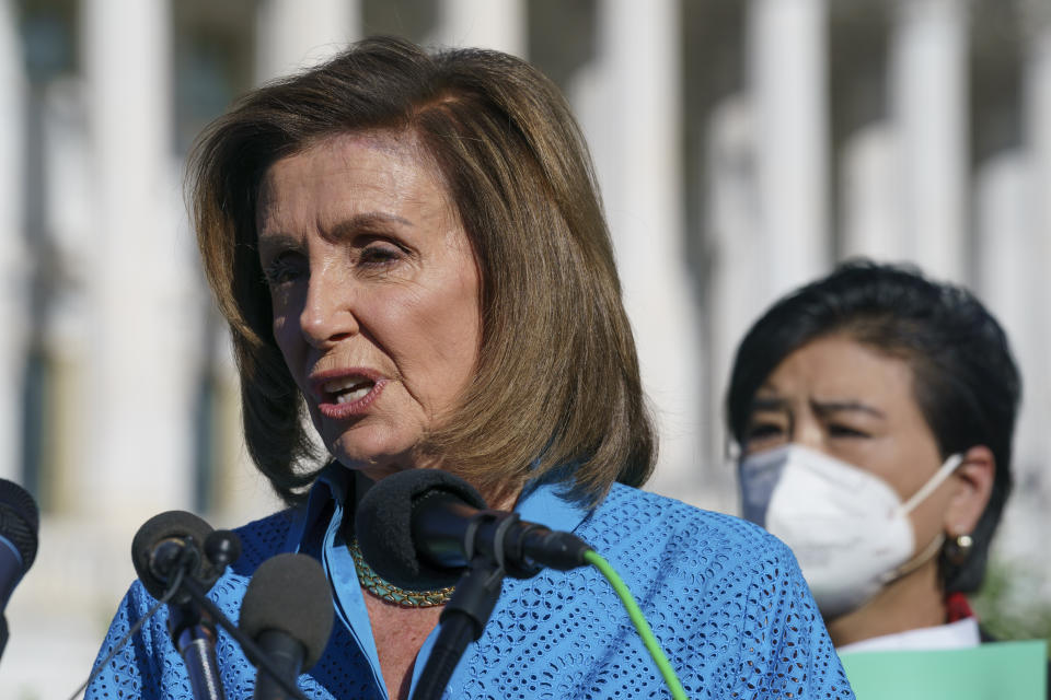 House Speaker Nancy Pelosi, D-Calif., joined by Rep. Judy Chu, D-Calif., right, holds a news conference just before a House vote on legislation aimed at guaranteeing a woman’s right to an abortion, an effort by House Democrats to circumvent a new Texas law that has placed that access under threat, at the Capitol in Washington, Friday, Sept. 24, 2021. (AP Photo/J. Scott Applewhite)