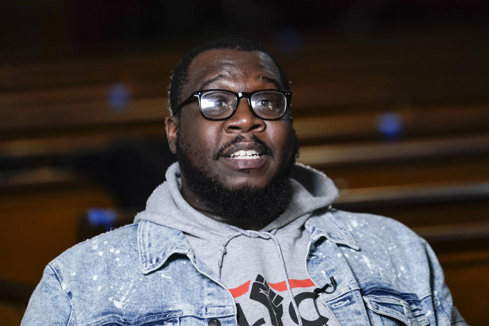 Rev. Kevin McCall responds to questions during a news interview after a recording session for an album of protest songs Monday, Dec. 28, 2020, in New York. A full album of songs is set for release in May, one year after George Floyd’s death at the hands of police in Minneapolis. Terrence Floyd, the brother of George Floyd, was recruited for the project by McCall, who said he believes an album of street-inspired protest anthems does not yet exist. (AP Photo/Frank Franklin II)