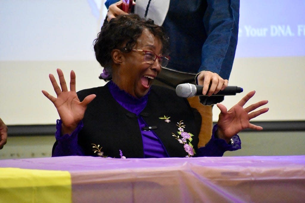 Terry Lee Dismore was gleefully shocked when her ancestry was revealed at the N.C. Rice Festival Ancestry Reveal in Navassa on Feb. 29, 2024.