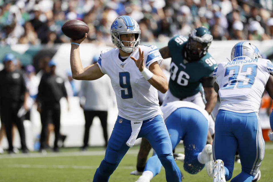 Detroit Lions' Matthew Stafford passes during the first half of an NFL football game against the Philadelphia Eagles, Sunday, Sept. 22, 2019, in Philadelphia. (AP Photo/Michael Perez)