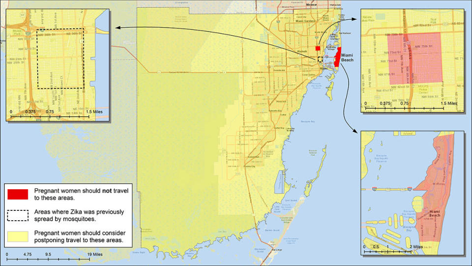 Image: Miami-Dade County, FL. Red shows areas where pregnant women should not travel (CDC)