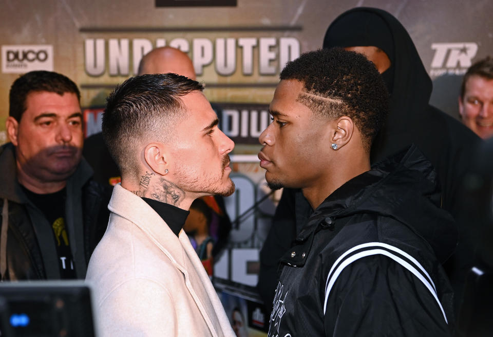 MELBOURNE, AUSTRALIA - MAY 30: George Kambosos Jr of Australia and Devin Haney of the United States face off after a press conference  at Culture Kings on May 30, 2022 in Melbourne, Australia. (Photo by Quinn Rooney/Getty Images)