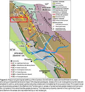 Figure 2. Regional geological setting of the Cariboo Gold District, east-central British Columbia, showing principal terranes and major lithological packages. Areas of known lode-gold occurrences are shaded in yellow, and placer-gold producing creeks are indicated by thick purple lines. Principal known gold-producing areas in the Barkerville Terrane are in areas of greenschist-grade metamorphism and do not extend into amphibolite-grade domains. The Valorem property claims in the Lightning Creek and Barkerville areas are represented by a red rectangle.