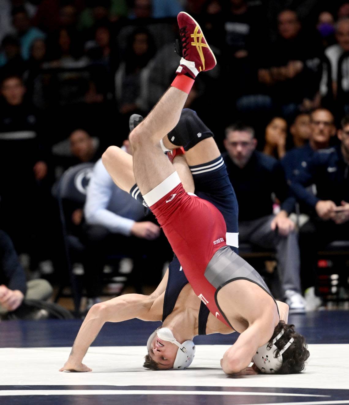 Penn State’s Gary Steen wrestles Lock Haven’s Anthony Noto in the 125 lb bout of the match on Friday, Nov. 11, 2022.