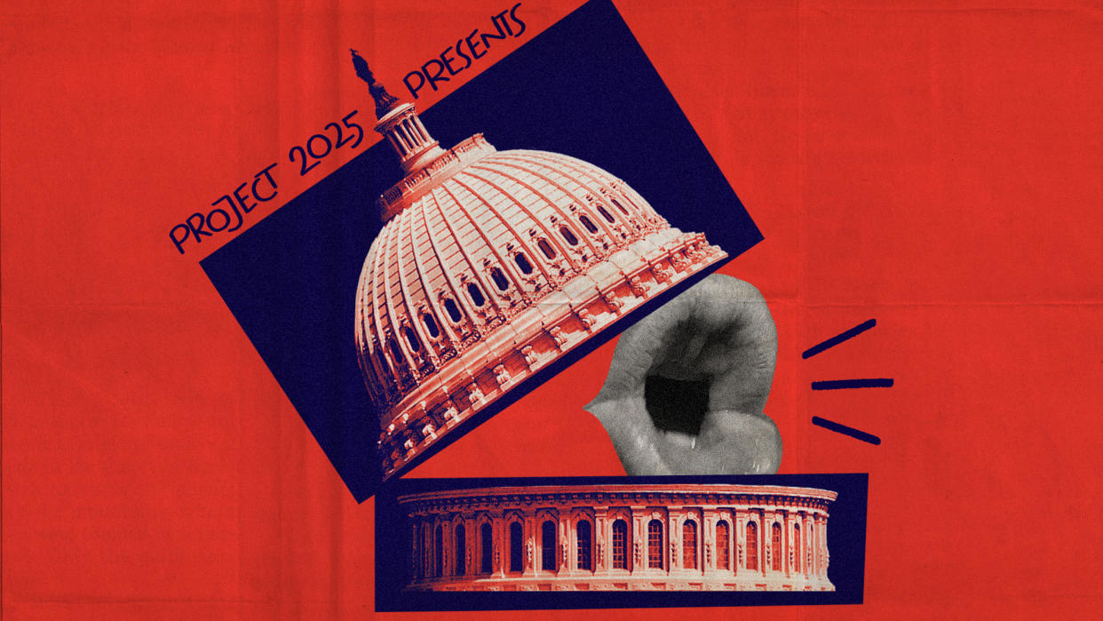  Photo collage of the Capitol building, the roof open to reveal a massive mouth. It is Donald Trump's signature pout. Above, there is text saying "Project 2025 presents", all in the style of Saul Bass' "Advise & Consent" poster. 