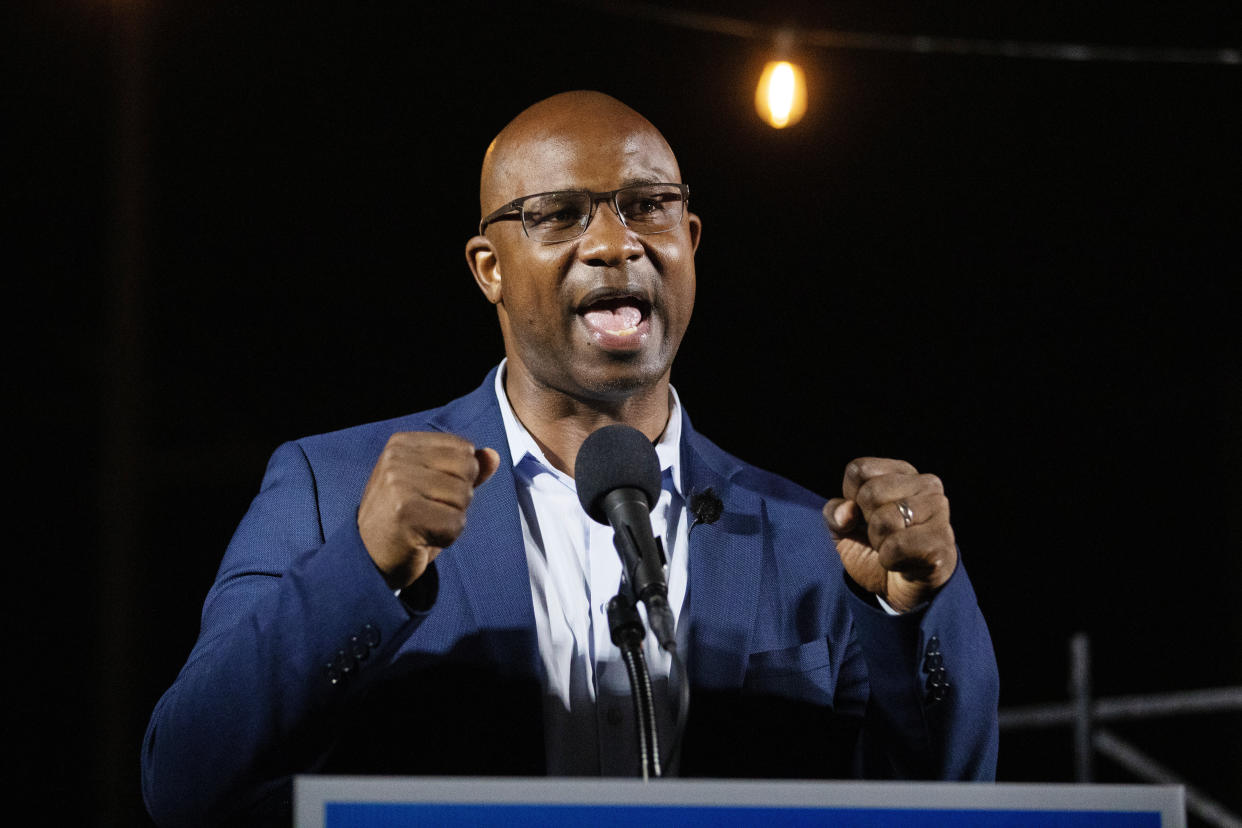 Bronx middle school principal Jamaal Bowman addresses supporters on Tuesday night. The Congressional Black Caucus PAC backed his opponent, Rep. Eliot Engel (D-N.Y.).   (Photo: Lucas Jackson/Reuters)
