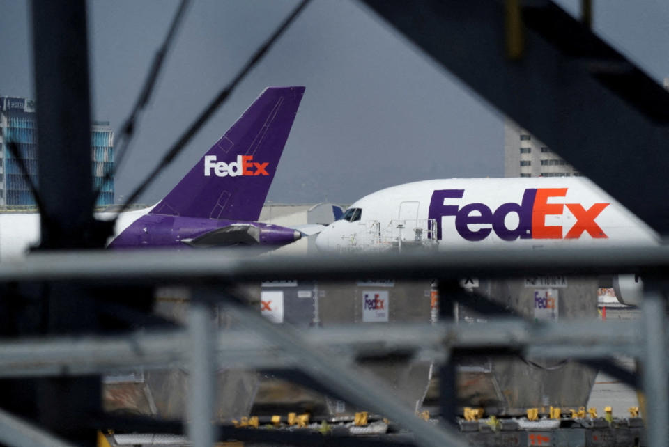 FILE PHOTO: FedEx air freight cargo planes parked at a FedEx regional hub at Los Angeles International Airport (LAX) in Los Angeles, California, U.S., September 16, 2022.  REUTERS/Bing Guan/File Photo