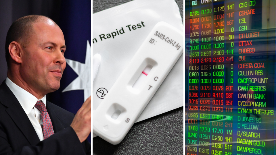 Treasurer Josh Frydenberg, a COVID-19 rapid antigen test and the ASX board showing company price changes.