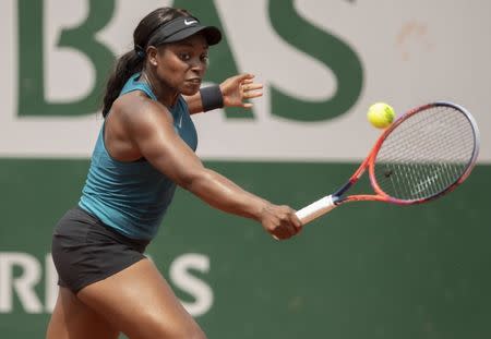 May 27, 2018, Paris, France; Sloane Stephens (USA) in action during her match against Arantxa Rus (NED) on day one of the 2018 French Open at Stade Roland Garros. Susan Mullane-USA TODAY Sports