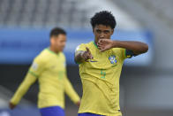 Brazil's Andrey Santos celebrates after scoring his side's fourth goal against Tunisia during a FIFA U-20 World Cup round of 16 soccer match at La Plata Stadium in La Plata, Argentina, Wednesday, May 31, 2023. (AP Photo/Gustavo Garello)