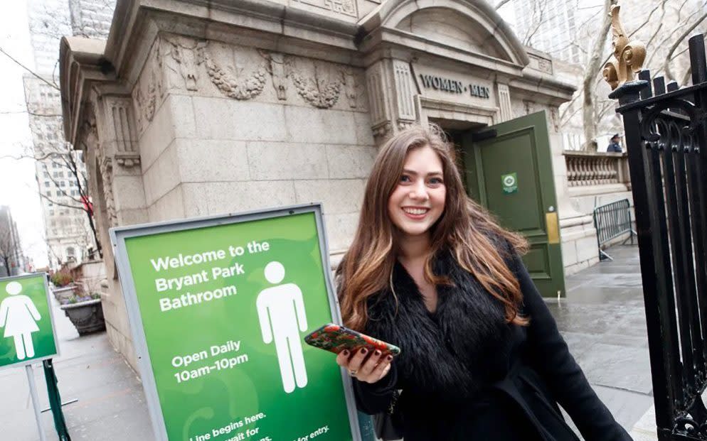 Teddy Siegel outside her favourite place to spend a public penny in Bryant Park, New York