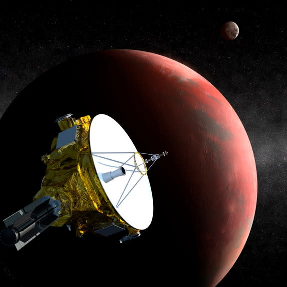 Artist's concept of NASA's New Horizons probe flying past the dwarf planet Pluto on July 14, 2015. New Horizons crossed the orbit of Neptune on Aug. 25, 2014, 25 years to the day after NASA's Voyager 2 spacecraft flew by the distant blue planet