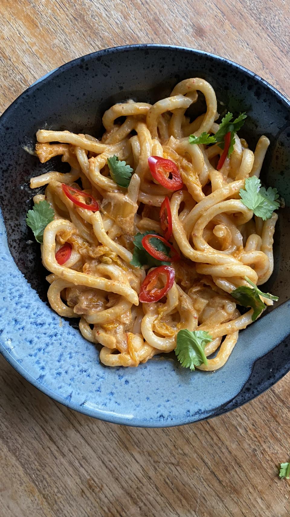 Cheesy kimchi udon noodles. (Dominique Woolf)