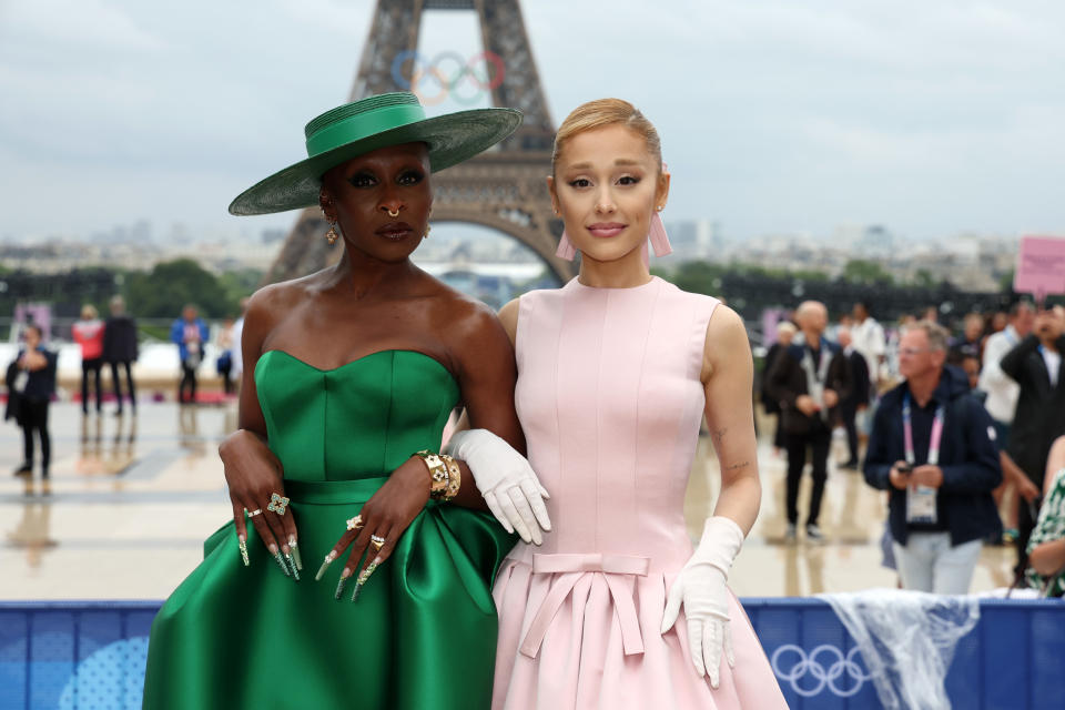 PARIS, FRANCE – JULY 26: (L-R) Cynthia Erivo and Ariana Grande attend the red carpet ahead of the Opening Ceremony of the Paris 2024 Olympic Games in Paris, France on July 26, 2024. (Photo by Matthew Stockman/Getty Images)