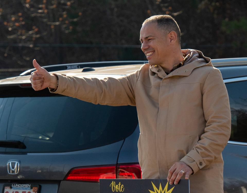 District 5 Council candidate Jose A. Rivera greets voters outside the Worcester Seventh-day Adventist Church polling place on Mill Street Tuesday.