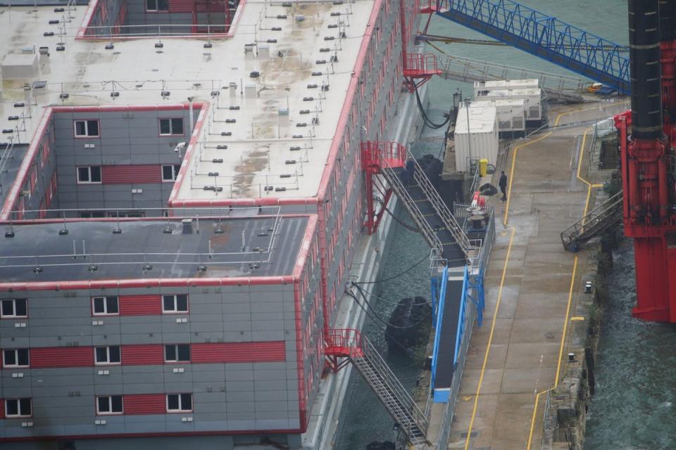 The Bibby Stockholm accommodation barge at Portland Port in Dorset, which will house up to 500 people. (PA Wire)