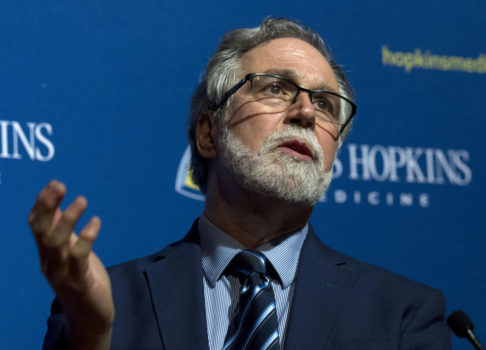 Professor Gregg L. Semenza speaks during a news conference after he was awarded the Nobel Prize for Physiology or Medicine at Johns Hopkins Medicine Hospital in Baltimore, Monday, Oct. 7, 2019. Semenza shares the prize with Drs. William G. Kaelin Jr. and Peter J. Ratcliffe for their discoveries of how cells sense and adapt to oxygen availability, the Nobel Committee announced Monday. (AP Photo/Jose Luis Magana)