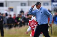 Jul 21, 2017; Southport, ENG; Matt Kuchar reacts going to the fourteenth green during the second round of The 146th Open Championship golf tournament at Royal Birkdale Golf Club. Mandatory Credit: Steve Flynn-USA TODAY Sports