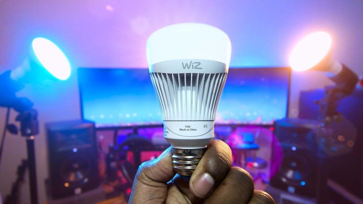  Someone holding up a Wiz smart bulb. 
