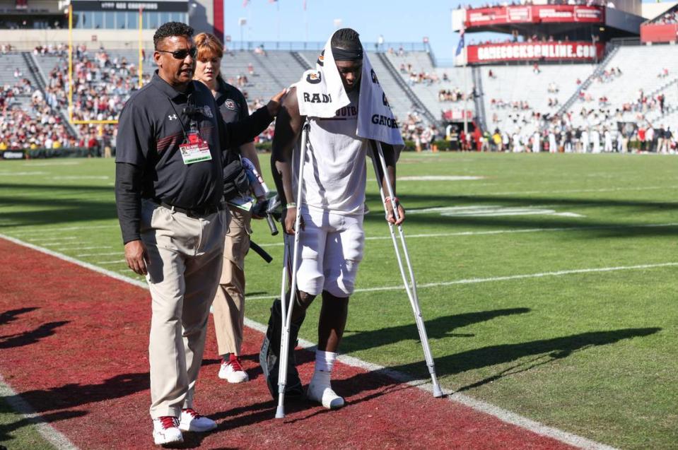 South Carolina running back Dakereon Joyner (5) is walked off the field during the second half of the Gamecocks’ game at Williams-Brice Stadium in Columbia on Saturday, November 4, 2023.
